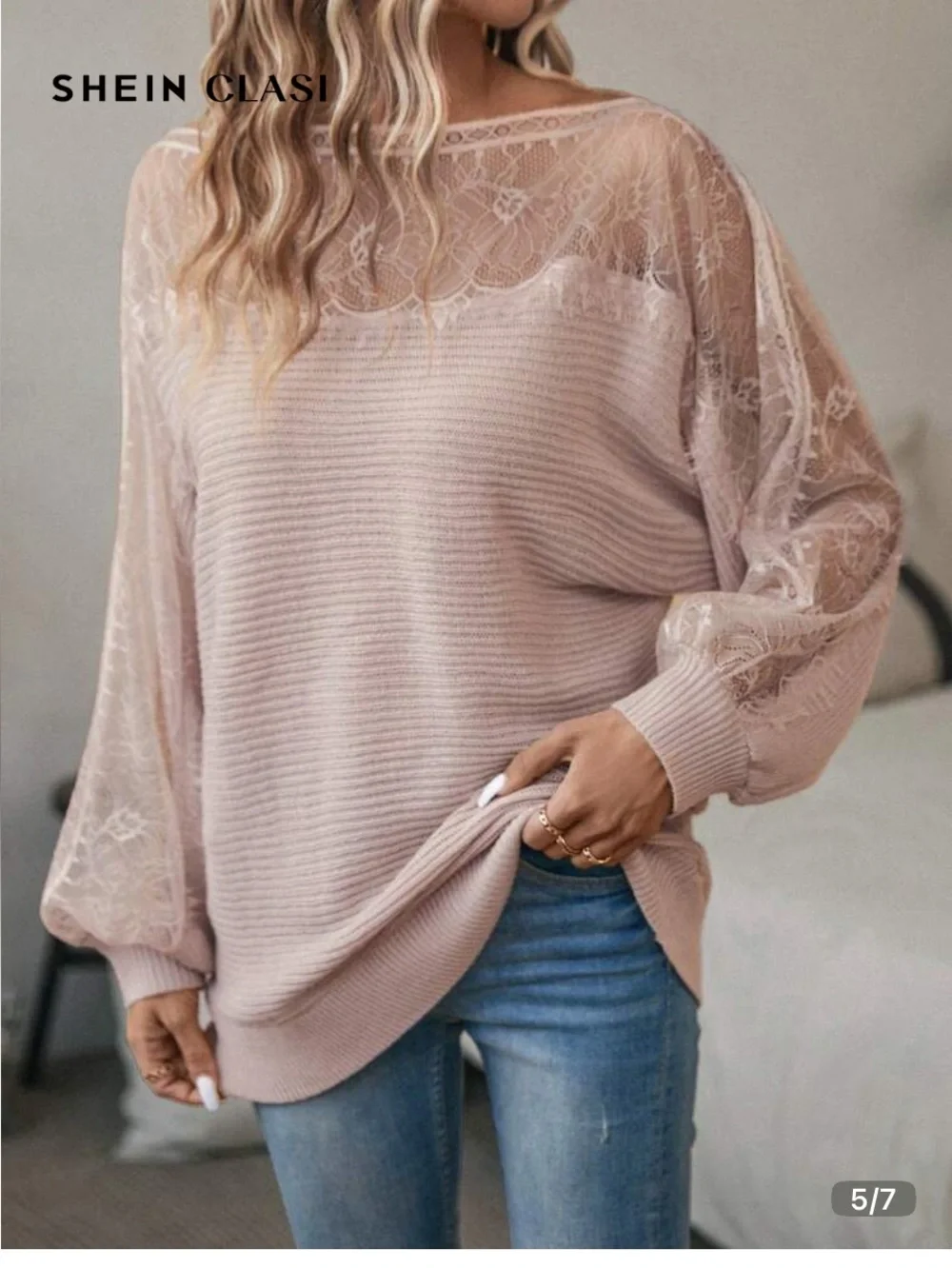 SHEIN Blush Pink Lace Off-Shoulder Sweater